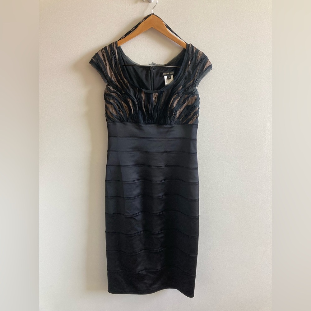 Tadashi Shoji Black and Champagne Beaded Satin Dress